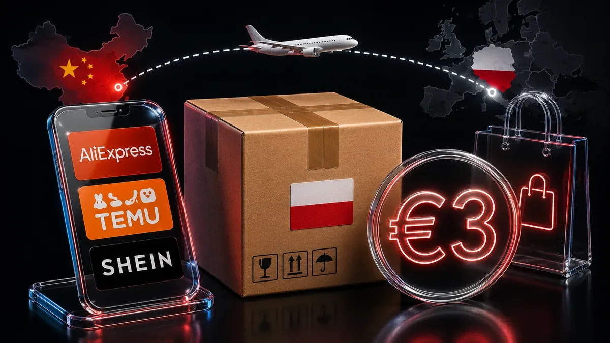 A parcel travelling from China to Poland, a shopping phone and customs-clearance symbols