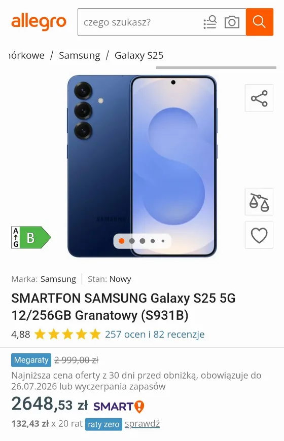 Samsung Galaxy S25 5G за 2 648,53 zł в Allegro