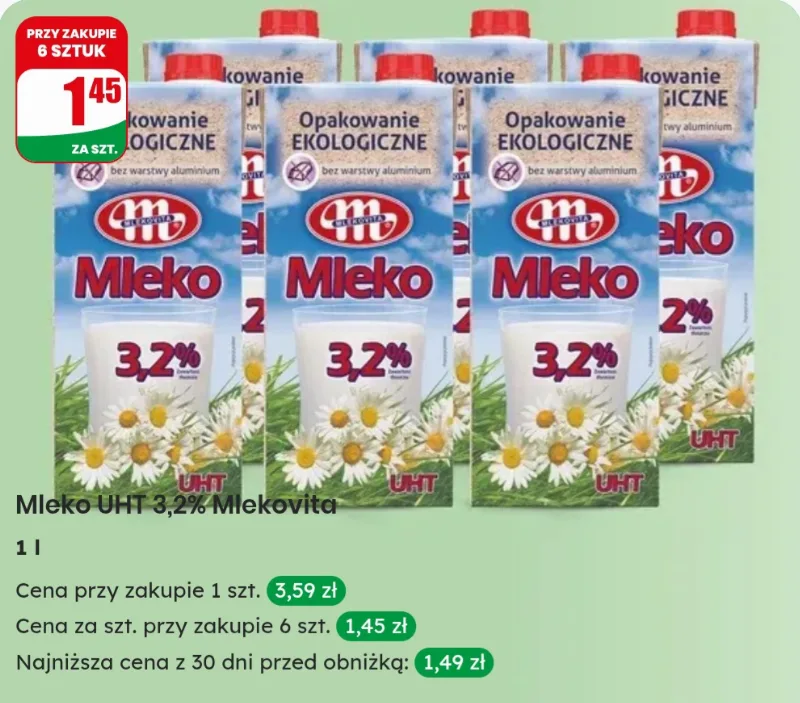 Молоко UHT 3,2% Mlekovita 1 Л за 1,45 зл при покупке 6 шт. в Dino