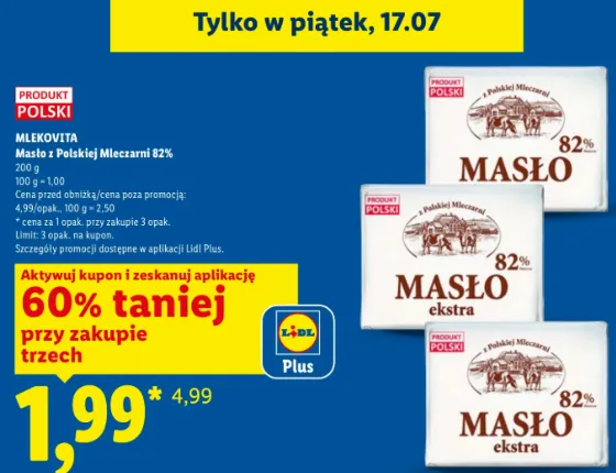 Масло Mlekovita по 1,99 zł за штуку при покупці 3 в Lidl