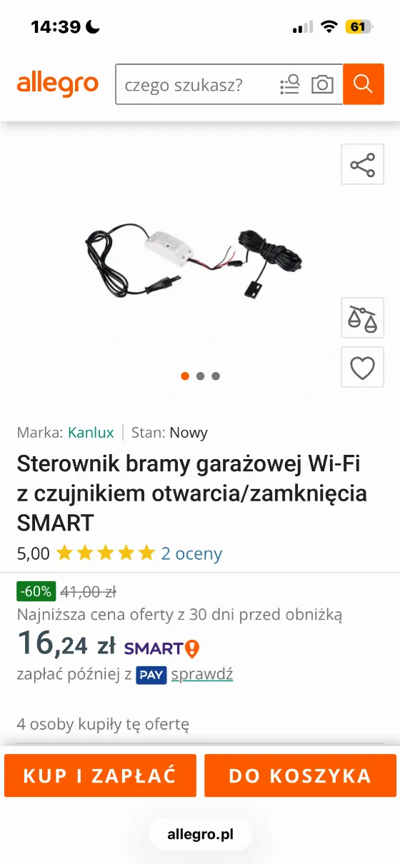 Сенсорный Wi-Fi контроллер гаражных ворот за 16,24 zł на Allegro