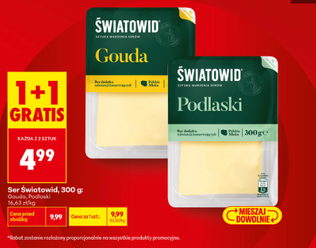 Action: Światowid cheese 300g Gouda/Podlaski 1+1 free; price per piece when purchasing 2 Biedronka i...