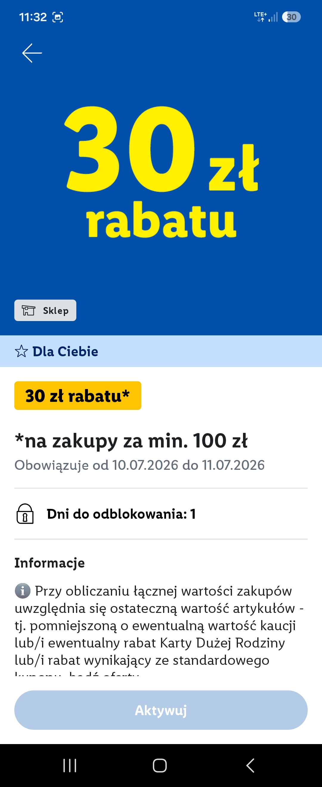 Save 30 zł on 100 zł Purchases at Lidl for Selected Accounts