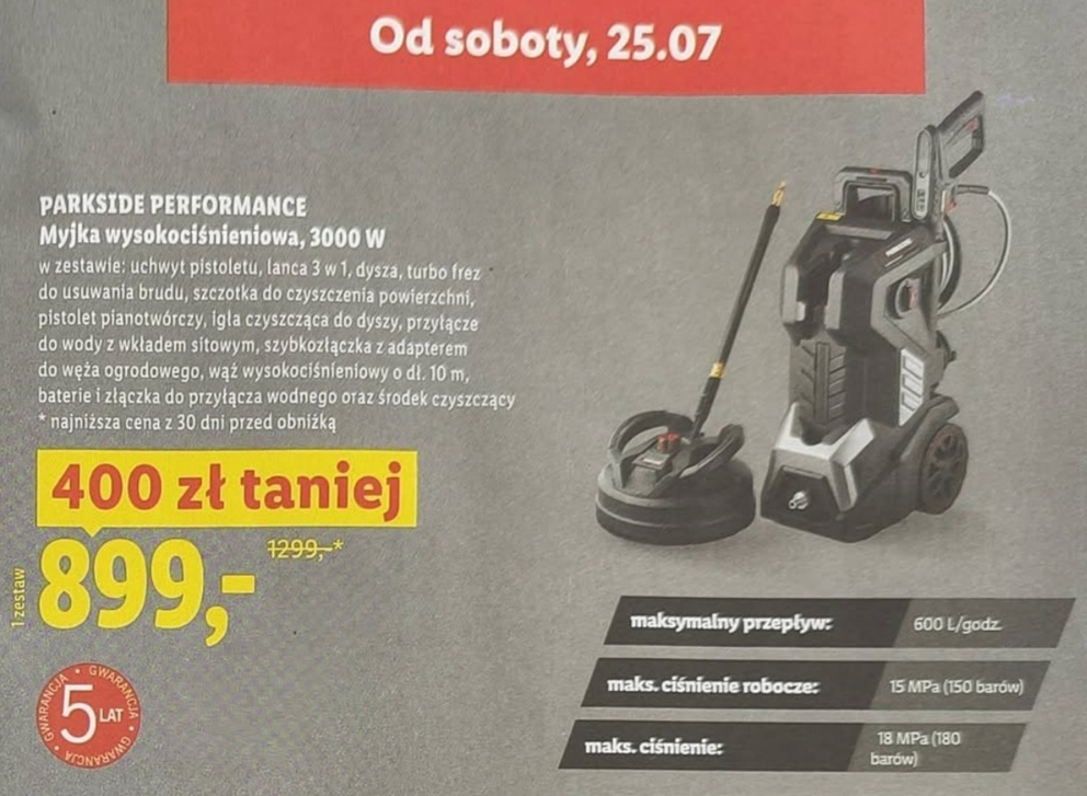 Parkside 3000W Pressure Washer Now 899 zł at Lidl