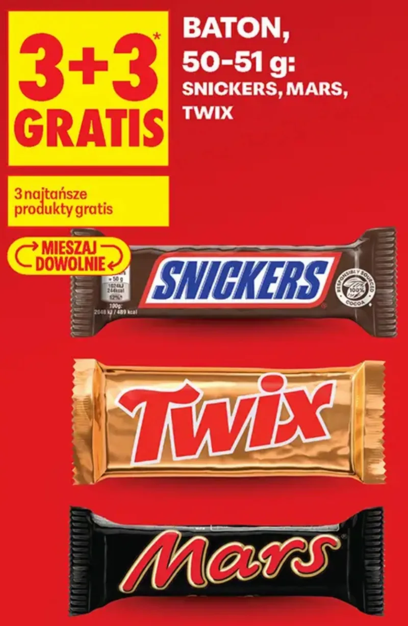 6 батончиков Snickers, Mars, Twix по 2 зл. за штуку в Biedronka