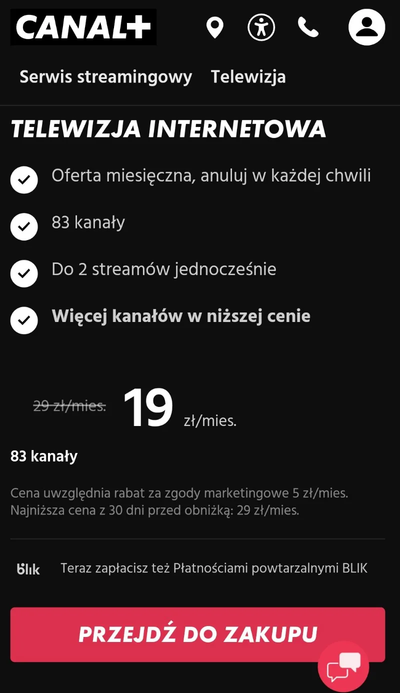 CANAL+ интернет-телевидение (пакет Relax+) за 19 zł