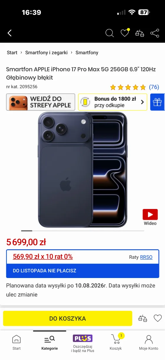Смартфон iPhone 17 Pro Max 256 ГБ за 5 699 zł в Media Expert