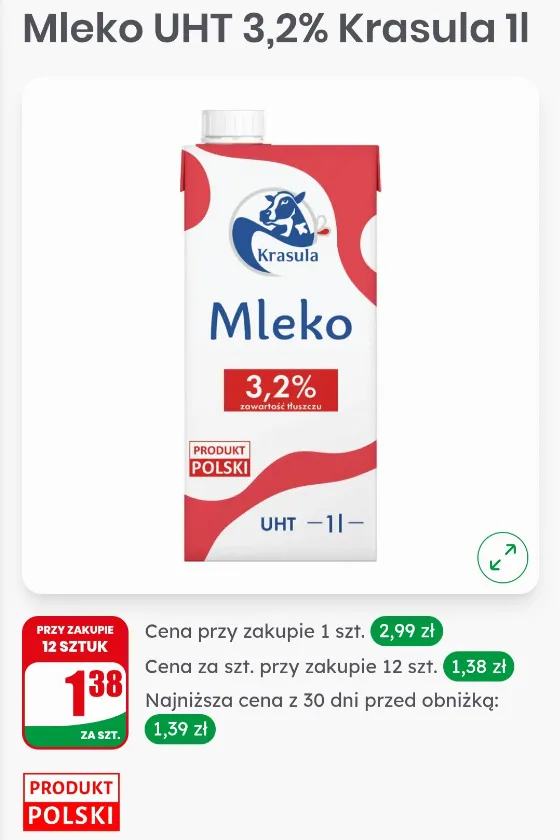 Get UHT Milk 3.2% Krasula for Just 1.38 zł Each at Dino