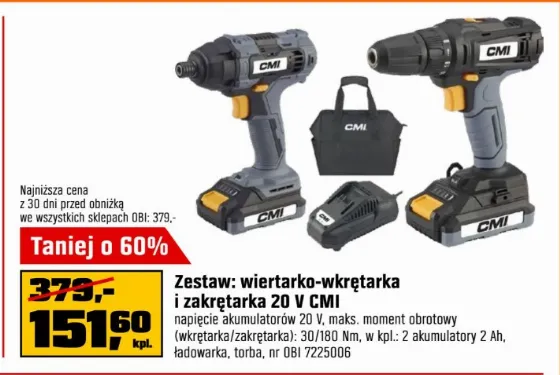 Комплект дрилі та шуруповерта CMI лише за 151,60 zł в OBI