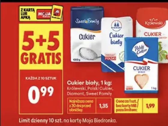 Цукор білий 1кг за 0,99 зл у Biedronka при купівлі 10