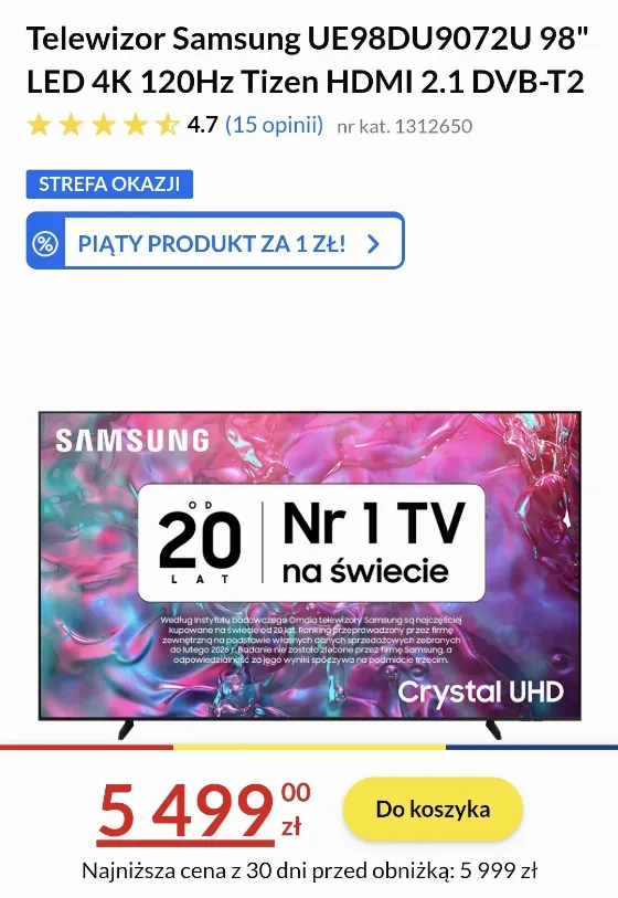 Телевизор SAMSUNG 98 дюймов за 5 499 zł — Скидка 8% в RTV Euro AGD