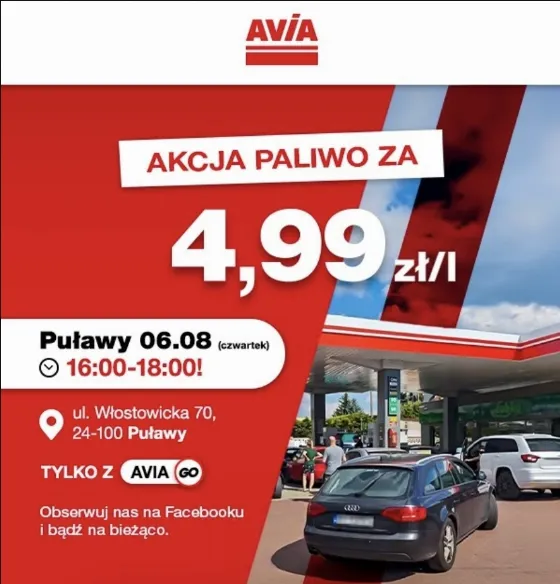 Fuel for Just 4.99 zł at Avia Puławy — Limited Time Offer