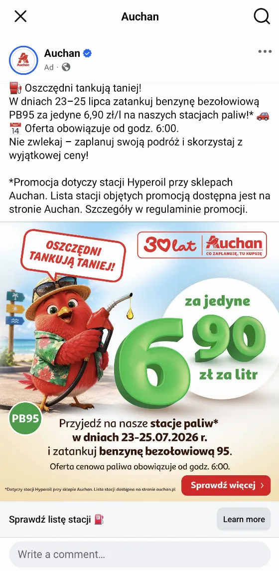 Benzyna PB95 Now Available for 6.90 zł at Auchan