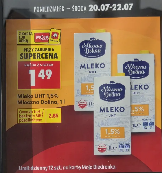 Молоко UHT Mleczna Dolina 1,5% по 1,49 зл при покупке 6 штук в Biedronka