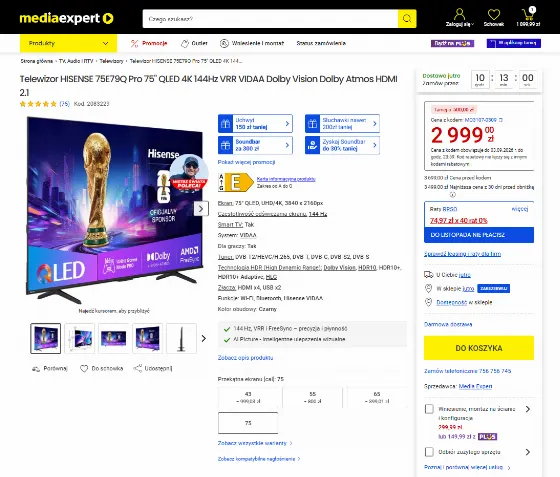 Телевізор Hisense 75E79Q Pro 75" QLED за 2 999 zł у Media Expert