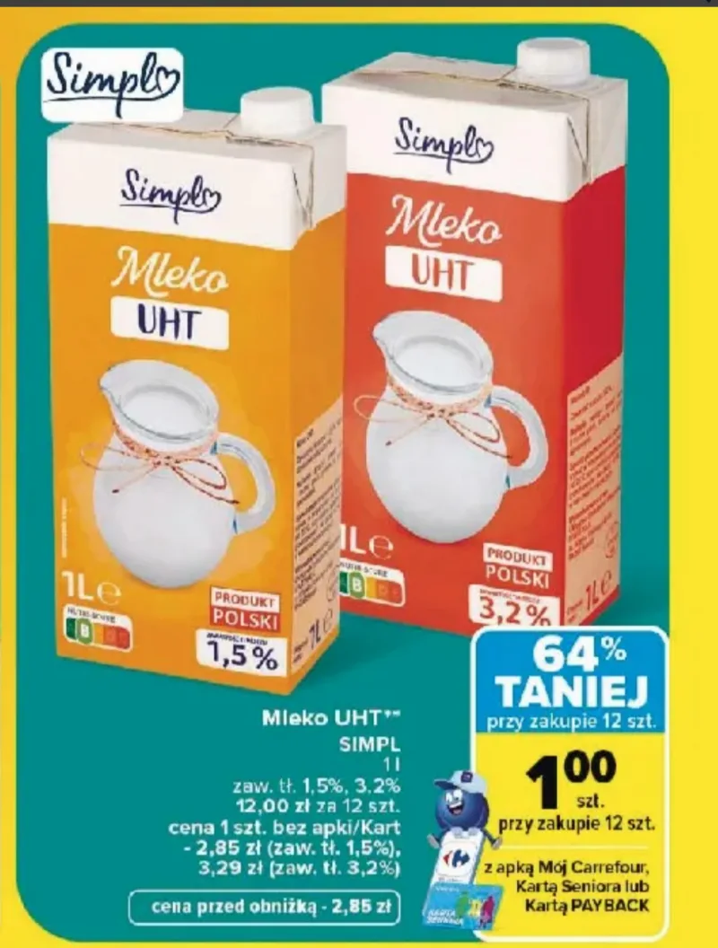 Молоко UHT 1,5% или 3,2% Simpl по 1 злотому за штуку в Carrefour