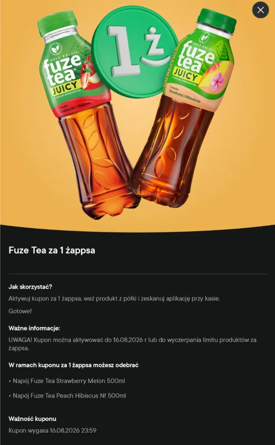 Fuze Tea всего за 1 Żappsa в Żabka