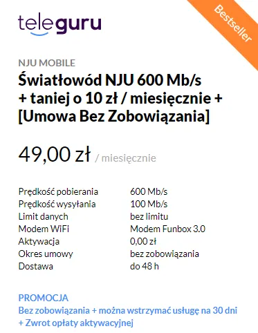 Интернет NJU 600/100 Мбит/с за 49 зл/мес. без обязательств в Teleguru.pl